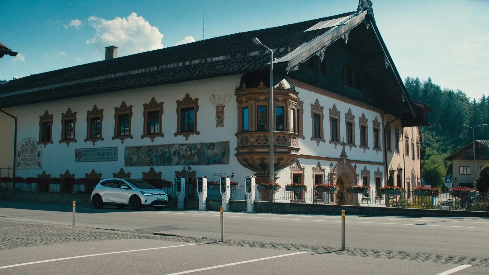 Rathausplatz in einer bayerischen Kleinstadt mit öffentlichen Ladesäulen